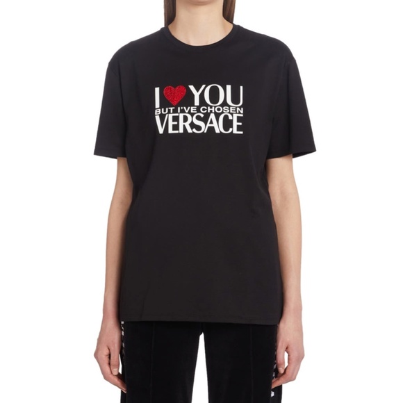 Versace Women's I Love Versace Hotfix Heart Cotton Graphic Tee Size 46 Black NEW